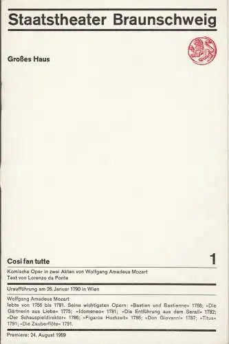 Staatstheater Braunschweig, Hans Peter Doll, Alek Pohl, Heinz H. Rosenthal, Burkhard Heinrichsen, Karl-Ernst Herrmann, Heide Paris: Programmheft Wolfgang Amadeus Mozart COSI FAN TUTTE Premiere 24. August 1969 Großes Haus Heft 1 (18). 