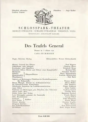 Schloßpark-Theater, Borislaw Barlog: Theaterzettel Carl Zuckmayer DES TEUFELS GENERAL Premiere 14. Juli 1948 (18). 