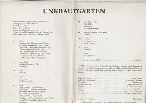 Theater der Freien Hansestadt Bremen, Arno Wüstenhöfer, Elisabeth Schweeger, Johannes Schütz, Klaus Lefebvre: Programmheft BALLETT IM CONCORDIA REINHILD HOFFMANN UNKRAUTGARTEN Premiere 13. Dezember 1980 (18). 