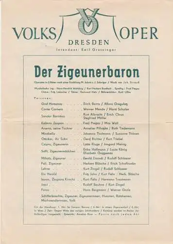 Volksoper Dresden, Emil Grotzinger: Theaterzettel Johann Strauß DER ZIGEUNERBARON 1947 (18). 