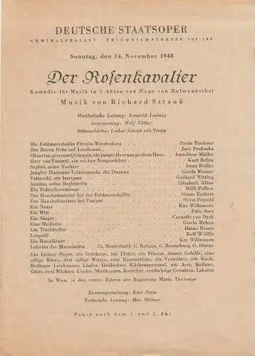 Deutsche Staatsoper: Theaterzettel Richard Strauß DER ROSENKAVALIER 14. November 1948 Admiralspalast (18). 