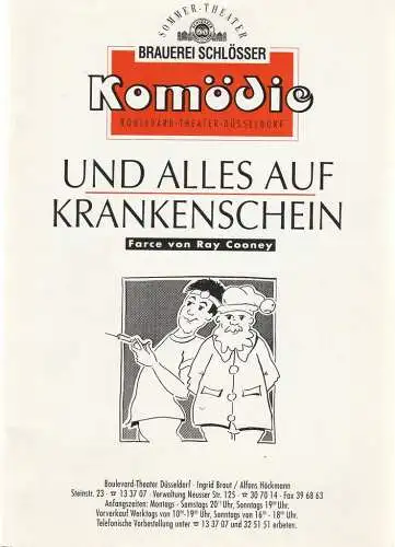 Komödie Boulevard-Theater Düsseldorf, Ingrid Braut, Alfons Höckmann,Stefanie Görtz: Programmheft Ray Cooney UND ALLES AUF KRANKENSCHEIN Sommertheater Spielzeit 1992 / 93 Heft 5 (18). 