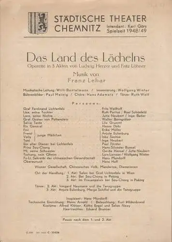 Städtische Theater Chemnitz, Karl Görs: Theaterzettel Franz Lehar DAS LAND DES LÄCHELNS Spielzeit 1948 / 49 (18). 