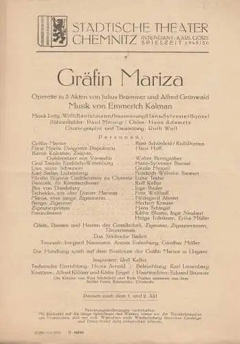 Städtische Theater Chemnitz, Karl Görs: Theaterzettel Emmerich Kalman GRÄFIN MARIZA Spielzeit 1949 / 50 (18). 