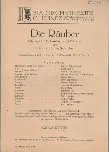 Städtische Theater Chemnitz, Karl Görs: Theaterzettel Friedrich von Schiller DIE RÄUBER Spielzeit 1949 / 50 (18). 