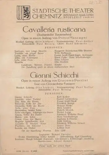 Städtische Theater Chemnitz, Karl Görs: Theaterzettel Pietro Mascagni CAVALLERIA RUSTICANA / Giacomo Puccini GIANNI SCHICCI Spielzeit 1949 / 50 (18). 