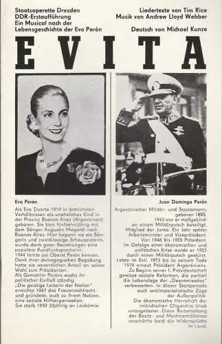 Staatsoperette Dresden, Reinhold Stövesand, Peter Gunold, Ekkehard Walter: Programmheft Andrew Lloyd Webber EVITA Premiere 28. + 29. Mai 1987 Spielzeit 1986 / 87 Heft 4 (18). 