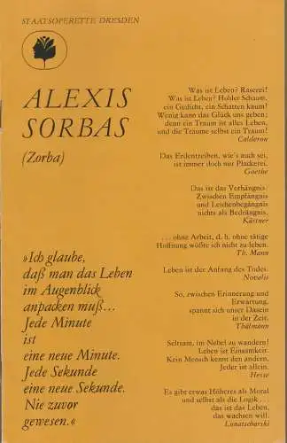 Staatsoperette Dresden, Reinhold Stövesand, Peter Gunold, Ekkehard Walter, Ursula Mattheuer-Neustädt: Programmheft John Kander ALEXIS SORBAS Premiere 22. + 23. Mai 1988 Spielzeit 1987 / 88 Heft 4  ( Zorba ) (18). 