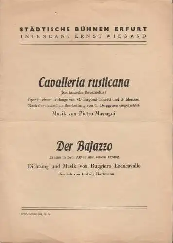 Städtische Bühnen Erfurt, Ernst Wiegand: Programmheft Pietro Mascagni CAVALLERIA RUSTICANA / Ruggiero Leoncavallo DER BAJAZZO ca. 1946 (18). 