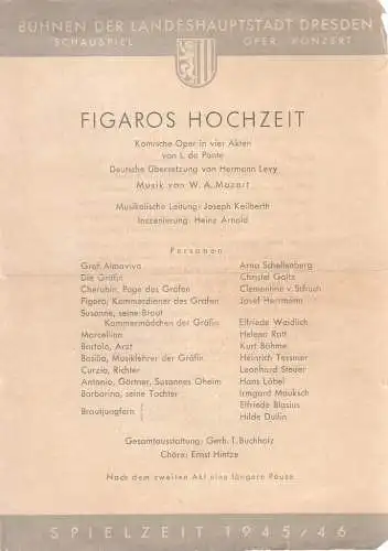 Bühnen der Landeshauptstadt Dresden, Erich Ponto: Theaterzettel Wolfgang Amadeus Mozart FIGAROS HOCHZEIT Spielzeit 1945 / 46 (18). 