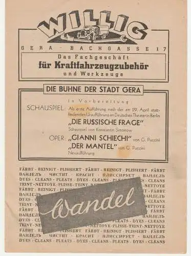 Bühne der Stadt Gera, Walter Brandt: Programmheft A. N. Afinogenow GROSSVATER UND ENKELIN ( Maschenka ) ca. 1946 (18). 