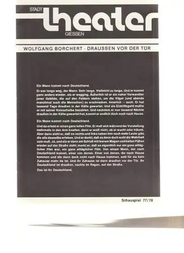 Stadttheater Gießen, Dietrich Taube, Eveline Miller: Programmheft Wolfgang Borchert DRAUSSEN VOR DER TÜR Premiere 25. September 1977 Spielzeit Schauspiel 1977 / 78 Heft 3 ( draußen ) (18). 