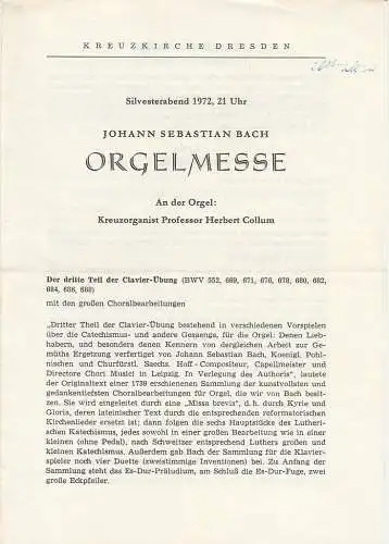 Kreuzkirche Dresden: Programmheft Johann Sebastian Bach ORGELMESSE Silvesterabend 1972 (18). 
