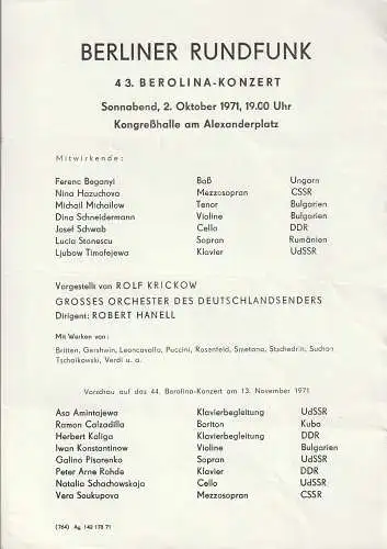 Berliner Rundfunk: Theaterzettel BERLINER RUNDFUNK  43. BEROLINA-KONZERT 2. Oktober 1971 Kongreßhalle am Alexanderplatz (18). 