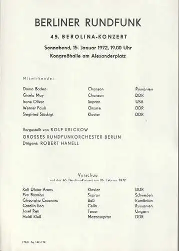 Berliner Rundfunk: Theaterzettel BERLINER RUNDFUNK  45. BEROLINA-KONZERT 15. Januar 1972 Kongreßhalle am Alexanderplatz (18). 
