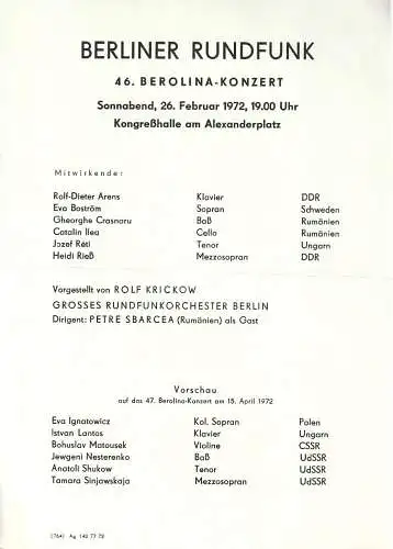 Berliner Rundfunk: Theaterzettel BERLINER RUNDFUNK  46. BEROLINA-KONZERT 26. Februar 1972 Kongreßhalle am Alexanderplatz (18). 