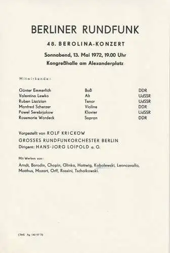 Berliner Rundfunk: Theaterzettel BERLINER RUNDFUNK  48. BEROLINA-KONZERT 13. Mai 1972 Kongreßhalle am Alexanderplatz (18). 