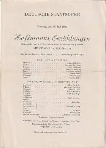 Deutsche Staatsoper: Theaterzettel Jacques Offenbach HOFFMANNS ERZÄHLUNGEN 15. Juli 1951 (18). 