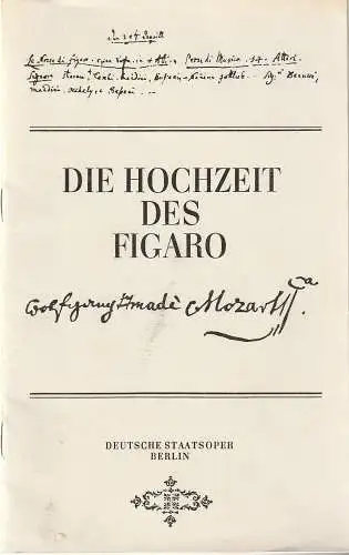 Deutsche Staatsoper Berlin Deutsche Demokratische Republik, Werner Otto, Karl-Heinz Drescher: Programmheft Wolfgang Amadeus Mozart DIE HOCHZEIT DES FIGARO oder DER TOLLE TAG  14. Dezember 1978 (18). 