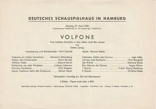 Deutsches Schauspielhaus in Hamburg: Theaterzettel Stefan Zweig VOLPONE 21. April 1958 (18). 
