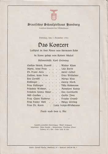 Staatliches Schauspielhaus Hamburg, Karl Wüstenhagen: Theaterzettel Hermann Bahr DAS KONZERT 7. Dezember 1943 Spielzeit 1943 / 44 Nr. 5 (18). 