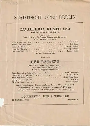 Städtische Oper Berlin: Theaterzettel Pietro Mascagni CAVALLERIA RUSTICANA / Ruggiero Leoncavallo DER BAJAZZO 4. März 1948 (18). 