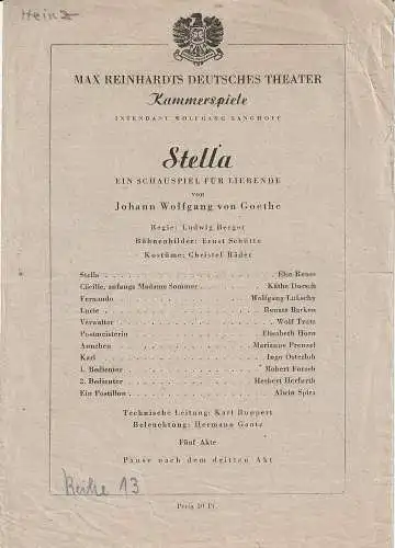 Max Reinhardts Deutsches Theater, Wolfgang Langhoff: Theaterzettel Johann Wolfgang von Goethe STELLA Kammerspiele 1947 (18). 