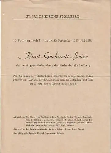 St. Jakobikirche Stollberg: Programmheft PAUL-GERHARDT-FEIER DER VEREINIGTEN KIRCHENCHÖRE DES KIRCHENBEZIRKS STOLLBERG 14. Sonntag nach Trinitatis 22. September 1957 (18). 