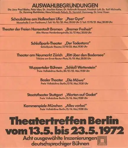 Theatertreffen Berlin 1972: Programmheft THEATERTREFFEN BERLIN 13. Mai bis 23. Mai 1972 Acht ausgewählte Inszenierungen deutschsprachiger Bühnen (18). 