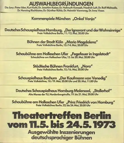 Theatertreffen Berlin 1973: Programmheft THEATERTREFFEN BERLIN 11. Mai bis 24. Mai 1973 Ausgewählte Inszenierungen deutschsprachiger Bühnen (18). 