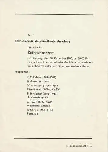 Eduard-von-Winterstein-Theater Annaberg: Theaterzettel RATHAUSKONZERT 10. Dezember 1985 Annaberg (18). 