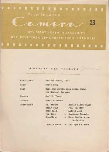 Filmtheater CAMERA des Staatlichen Filmarchivs der Deutschen Demokratischen Republik: Programmheft Fritz Lang DR. MABUSE DER SPIELER Heft 23 (18). 