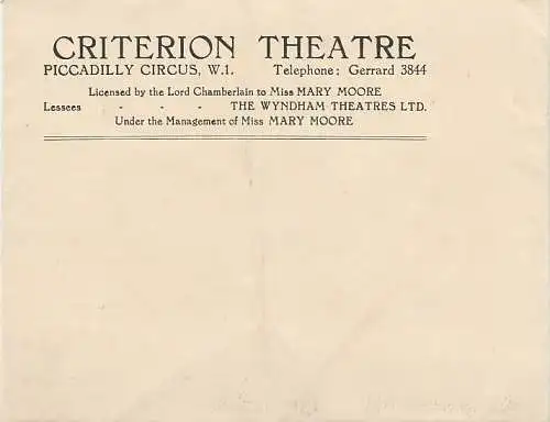 Criterion Theatre, Mary Moore: Criterion Theatre London Ticket Envelope 1928 (18). 