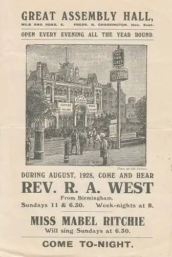 Great Assembly Hall Mile End Road: Programmzettel August 1928 REV. R. A. WEST / MISS MABEL RITCHIE (18). 