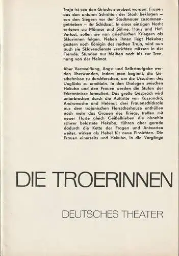 Deutsches Theater Staatstheater der DDR, Wolfgang Heinz, Hans-Rainer John, Klaus Pfützner, Ernst-Frieder Kratochwil, Horst Wodtke, Heinz Roloff: Programmheft Mathias Braun DIE TROERINNEN nach Euripides Premiere 7. Mai 1969 Spielzeit 1968 / 69 (18). 