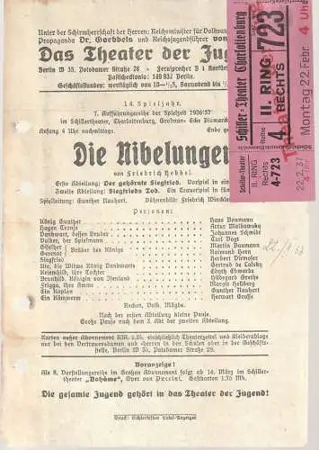 Das Theater der Jugend: Theaterzettel Friedrich Hebbel DIE NIBELUNGEN Spielzeit 1936 / 37 (18). 
