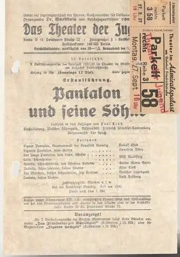 Das Theater der Jugend: Theaterzettel Paul Ernst PANTALON UND SEINE SÖHNE Spielzeit 1937 / 38 (18). 