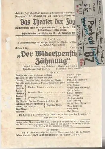 Das Theater der Jugend: Theaterzettel Shakespeare DER WIDERSPENSTIGEN ZÄHMUNG Spielzeit 1938 / 39 (18). 