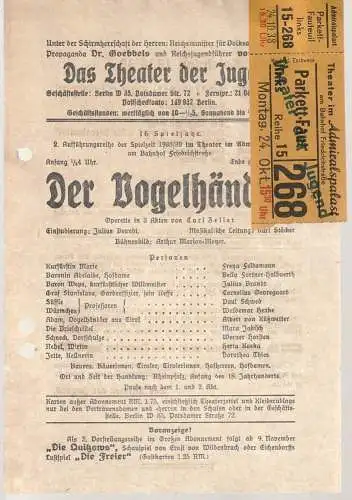 Das Theater der Jugend: Theaterzettel Carl Zeller DER VOGELHÄNDLER Spielzeit 1938 / 39 (18). 