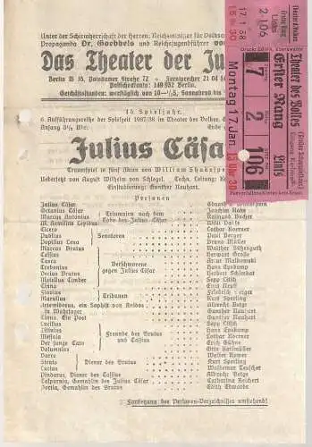 Das Theater der Jugend: Theaterzettel William Shakespeare JULIUS CÄSAR Spielzeit 1937 / 38 (18). 