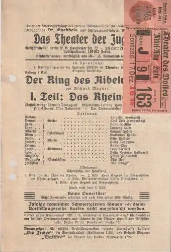 Das Theater der Jugend Berlin: Theaterzettel Richard Wagner DAS RHEINGOLD Spielzeit 1938 / 39 (18). 