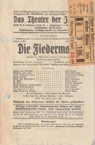 Das Theater der Jugend Berlin: Theaterzettel Johann Strauß DIE FLEDERMAUS Spielzeit 1937 / 38 (18). 