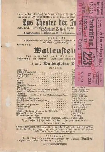 Das Theater der Jugend Berlin: Theaterzettel Friedrich von Schiller WALLENSTEINS TOD Spielzeit 1938 / 39 (18). 