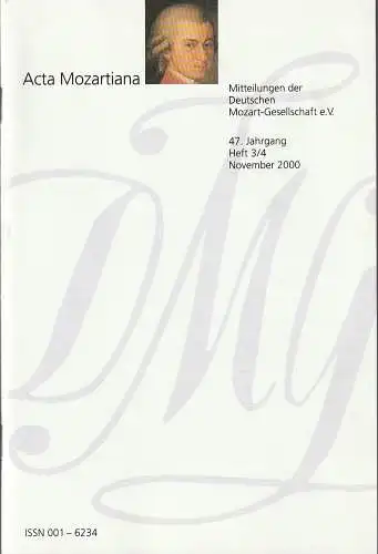 Deutsche Mozart-Gesellschaft e.V., Ulrich Konrad, Uwe Baur, Helmut Haug: ACTA MOZARTIANA 47. Jahrgang Heft 3 / 4 November 2000  Mitteilungen der Deutschen Mozart-Gesellschaft e.V. (18). 