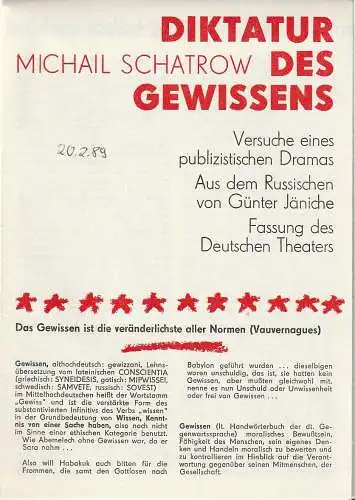 Deutsches Theater Staatstheater der DDR, Dieter Mann, Hans Nadolny, Heinz Rohloff: Programmheft Michail Schatrow DIKTATUR DES GEWISSENS Premiere 5. Juli 1988 Spielzeit 1987 / 88 (18). 