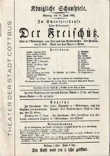 Theater der Stadt Cottbus, Herbert Keller, Dietmar Fritzsche, Walter Böhm: Programmheft Carl Maria von Weber DER FREISCHÜTZ Premiere 1. März 1969 Spielzeit 1968 / 69 Nr. 11 (18). 