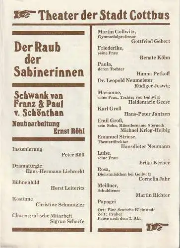 Theater der Stadt Cottbus, Johannes Steurich, Hans-Hermann Liebrecht: Programmheft von Schönthan DER RAUB DER SABINERINNEN Premiere 9. Oktober 1980 Spielzeit 1980 / 81 Nr. 2 (18). 