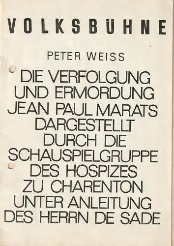 Volksbühne am Luxemburgplatz, Karl Holan, Siegfried Schröder, Lily Leder, Inge Eckert: Programmheft Peter Weiss MARAT / SADE Spielzeit 1966 / 67 Heft 3  Blätter der Volksbühne (18). 