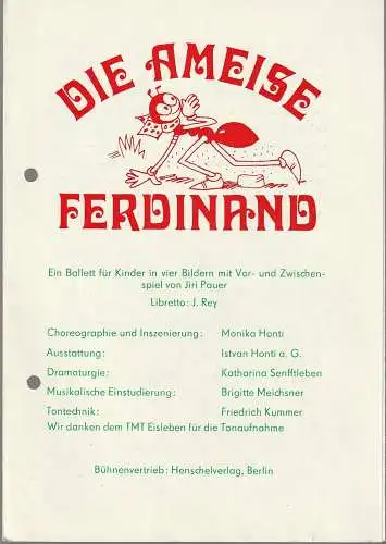 Carl Maria von Weber Theater Bernburg, Wolfgang Rainer, Katharina Senftleben, Rolf Jacob: Programmheft DIE AMEISE FERDINAND BALLETT FÜR KINDER Premiere 18. Januar 1984 (18). 