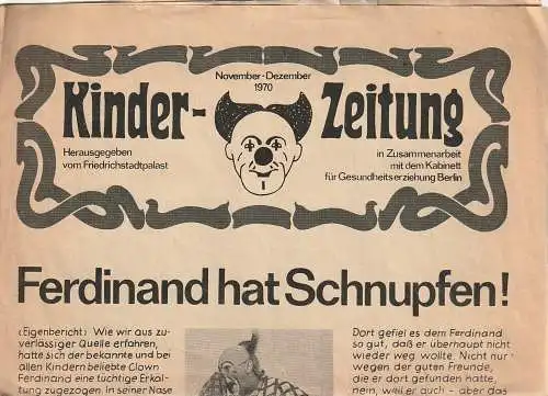 Friedrichstadtpalast, Wolfgang E. Struck, Wolfgang Tilgner, Eva Senger, Detleff Mann: Programmheft KINDER - ZEITUNG  FERDINAND HAT SCHNUPFEN November - Dezember 1970 (18). 